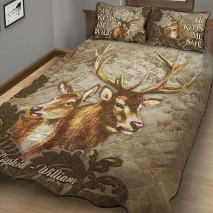 She Keeps Me Wild He Keeps Me Safe - Personalized Couple Hunting Quilt Set