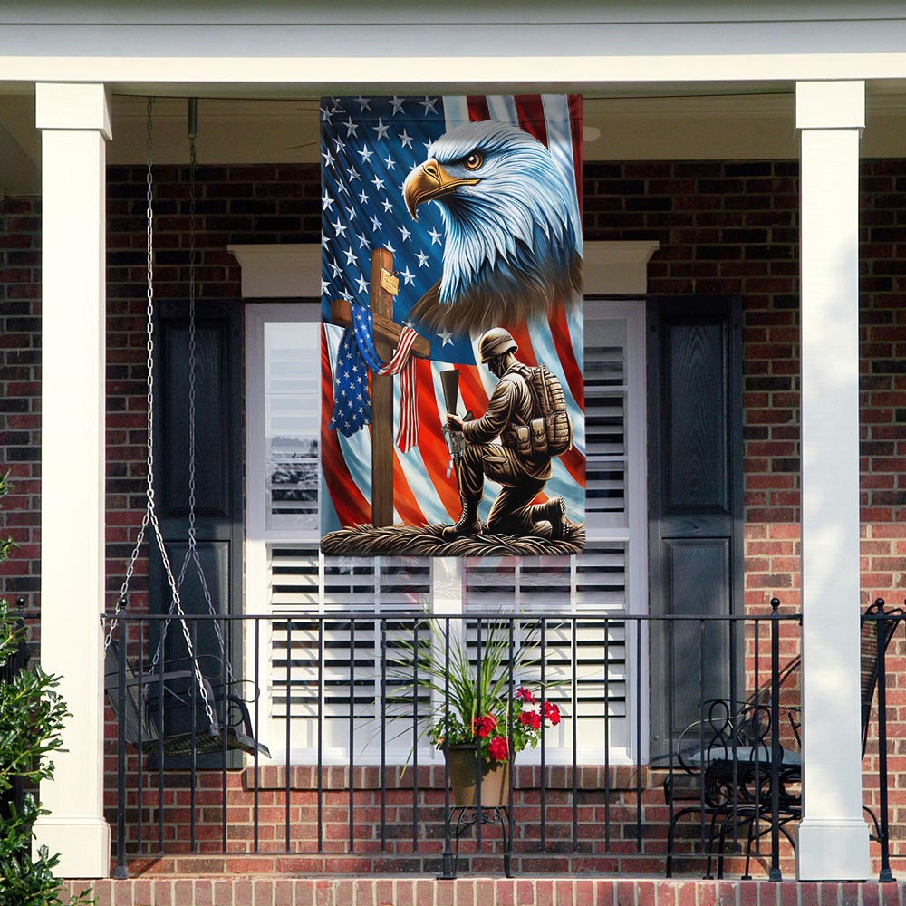 FLAGWIX Patriotic Eagle Veteran Kneeling Soldier Christ Cross Memorial Day American Flag MLN2793F