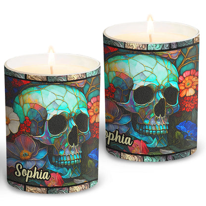 Floral Skull - Personalized Skull Candle With Wooden Lid