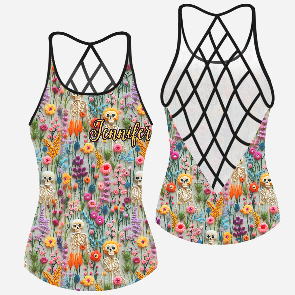 Floral Skeleton - Personalized Skull Cross Tank Top
