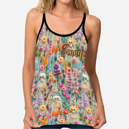 Floral Skeleton - Personalized Skull Cross Tank Top