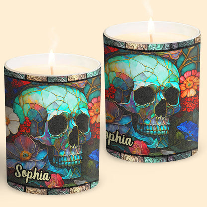 Floral Skull - Personalized Skull Candle With Wooden Lid