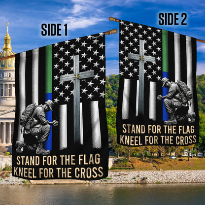 FLAGWIX  Veteran Kneeling Christ Cross Thin Green &amp; Blue Line American Flag MLN2286Fv1
