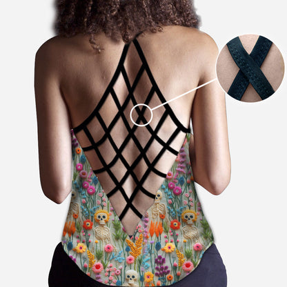 Floral Skeleton - Personalized Skull Cross Tank Top