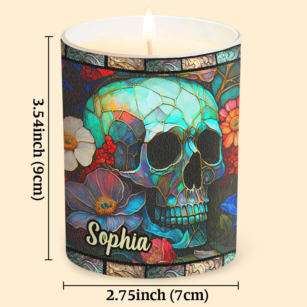 Floral Skull - Personalized Skull Candle With Wooden Lid