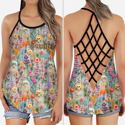 Floral Skeleton - Personalized Skull Cross Tank Top