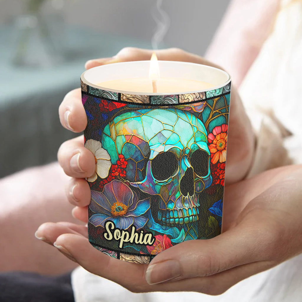 Floral Skull - Personalized Skull Candle With Wooden Lid