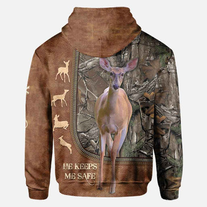 He Keeps Me Safe - Personalized Couple Hunting All Over T-shirt and Hoodie With Leather Pattern Print