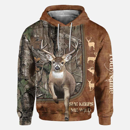 He Keeps Me Safe - Personalized Couple Hunting All Over T-shirt and Hoodie With Leather Pattern Print