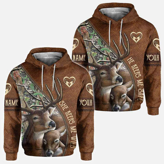 She Keeps Me Wild He Keeps Me Safe - Personalized Couple Hunting All Over T-shirt and Hoodie