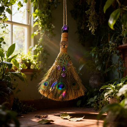 Amethyst Protection Broom – Handcrafted Witch Broom for Energy Cleansing