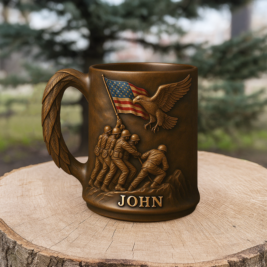 Personalized Military Commemorative Mug – Soldiers Raising US Flag with Bald Eagle Handle, Custom Engraved Name