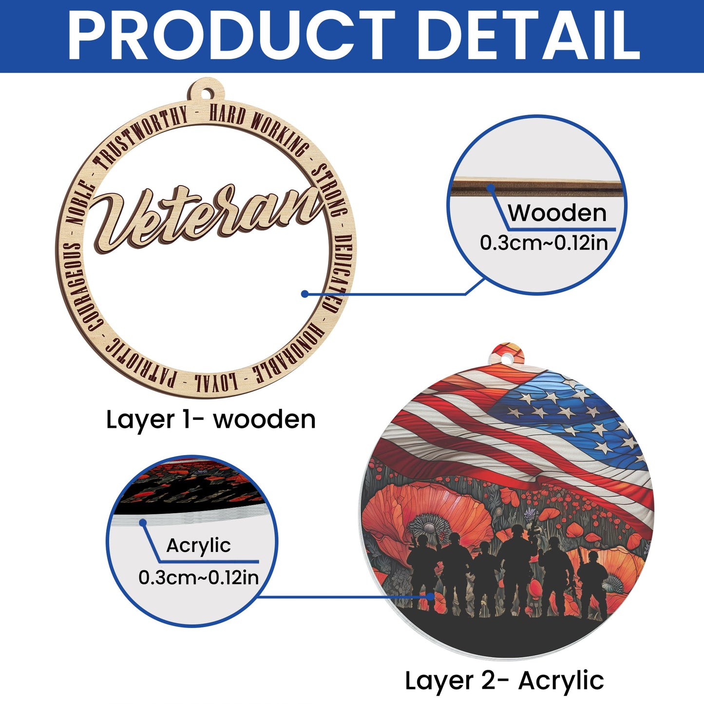 Veterans Memorial Poppy Patriotic American Veteran 2 Layered Hanging Suncatcher TPT2210WH