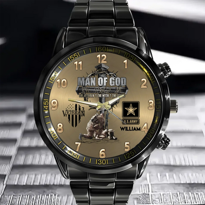 Man Of God Veteran Dad Papa Personalized Watch For Father's Day Veteran Grandpa