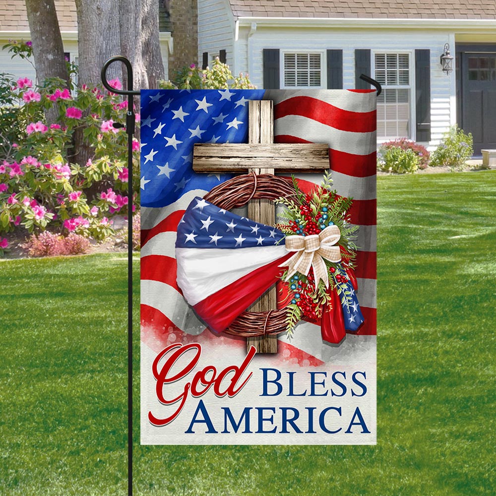Flagwix American Flag - God Bless America American Wreath Patriot Christian Cross Flag MLN1410F
