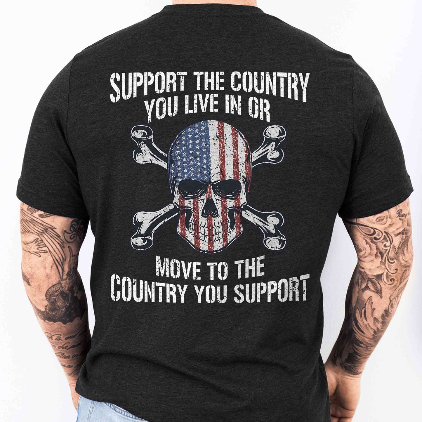 4th of july Gifts, Skull USA Flag, Support The Country You Live In T-Shirt VTM95DNV