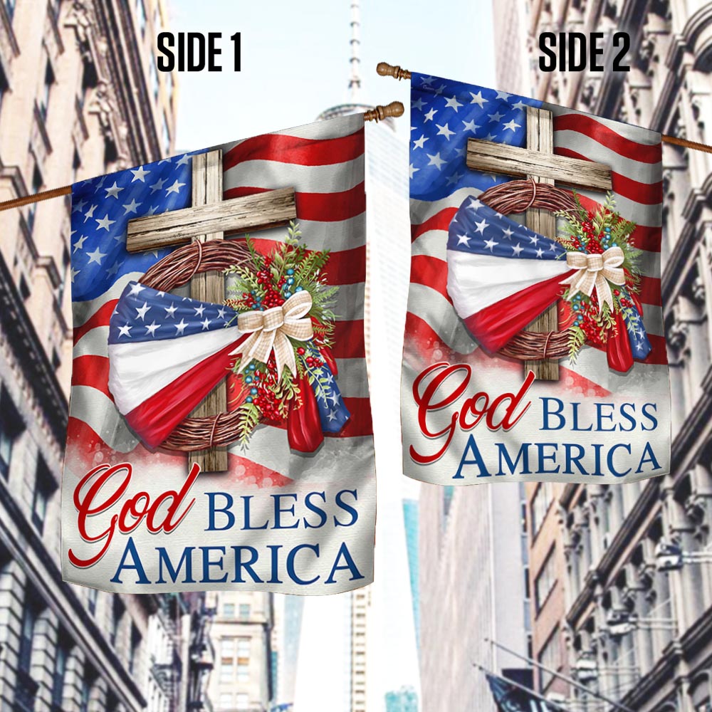 Flagwix American Flag - God Bless America American Wreath Patriot Christian Cross Flag MLN1410F