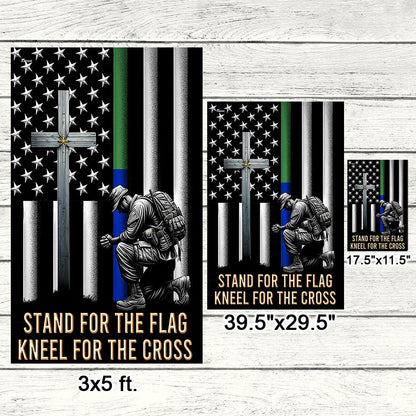 FLAGWIX  Veteran Kneeling Christ Cross Thin Green &amp; Blue Line American Flag MLN2286Fv1