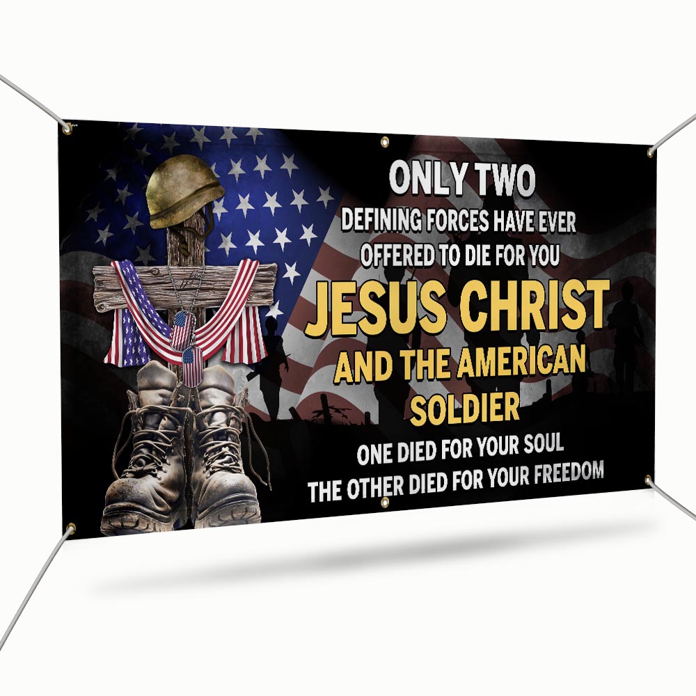 U.S. Veteran Day Jesus Christ And The American Soldier Fence Banner TQN2692FB