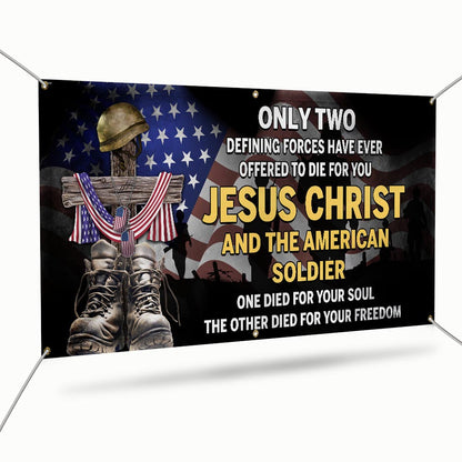 U.S. Veteran Day Jesus Christ And The American Soldier Fence Banner TQN2692FB