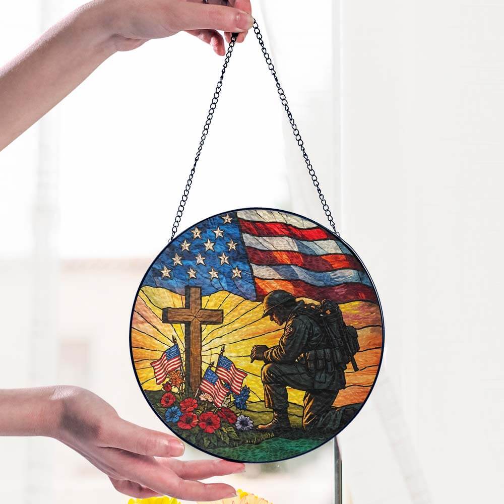 Patriotic Kneeling Soldier Memorial Day Veteran Day Stained Glass Suncatcher TQN5368TNB