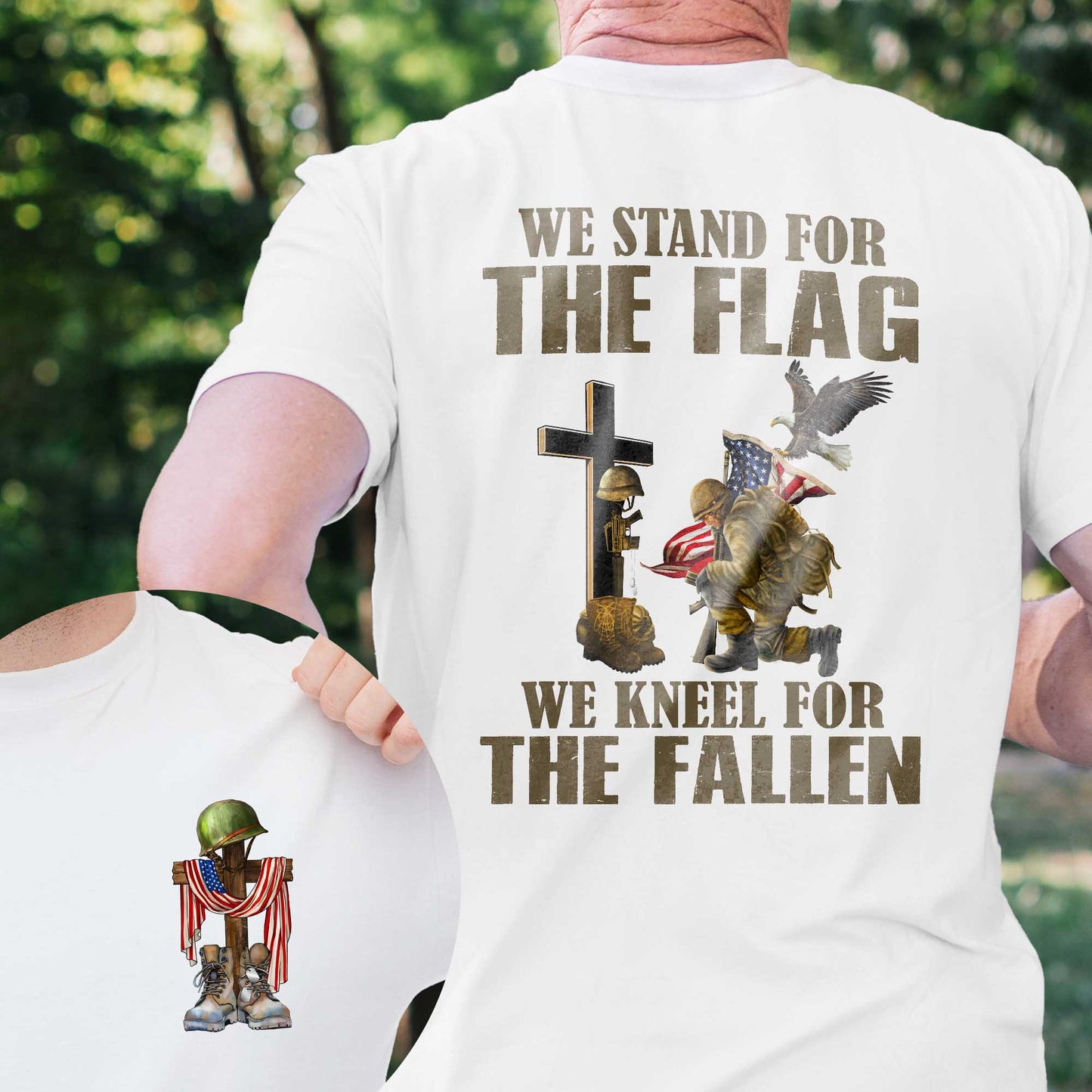 Veteran Kneeling Christ Cross We Stand For The Flag We Kneel For The Fallen Veteran T-Shirt MLN3115TS