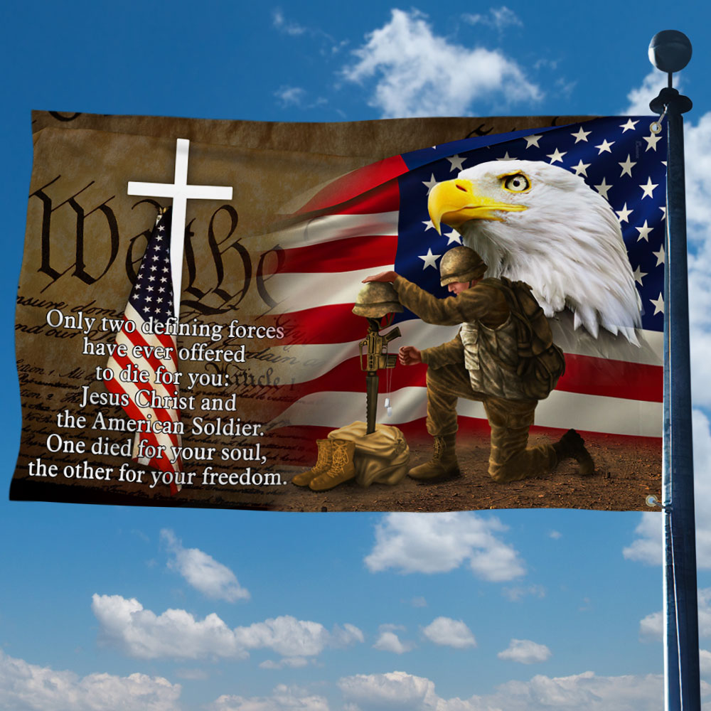 Owe To Jesus Christ And The American Soldier Grommet Flag. Veteran Christ Cross Grommet Flag MLN110GF