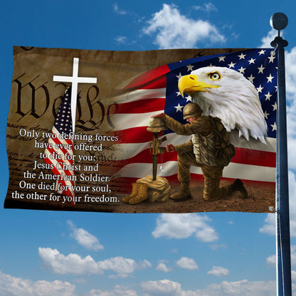 Owe To Jesus Christ And The American Soldier Grommet Flag. Veteran Christ Cross Grommet Flag MLN110GF