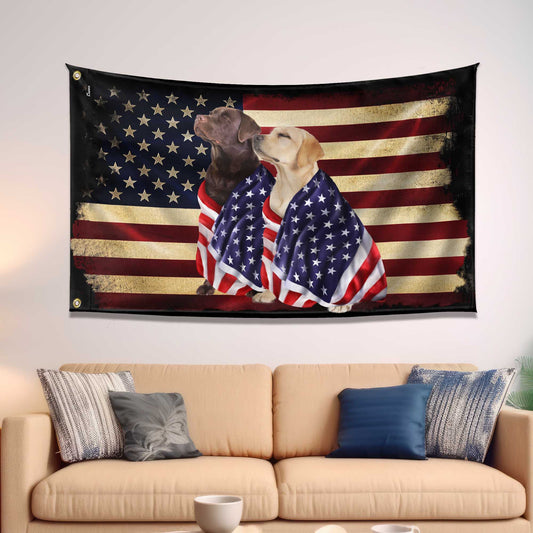 Chocolate Labrador And Yellow Labrador Retrievers Patriotic American Flag Wrapped in Glory TPT1265GF