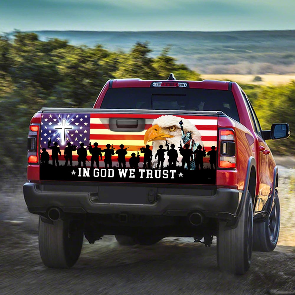 In God We Trust, Christian Cross, Thank You Veterans, American Eagle Truck Tailgate Decal Sticker Wrap TPT120TD