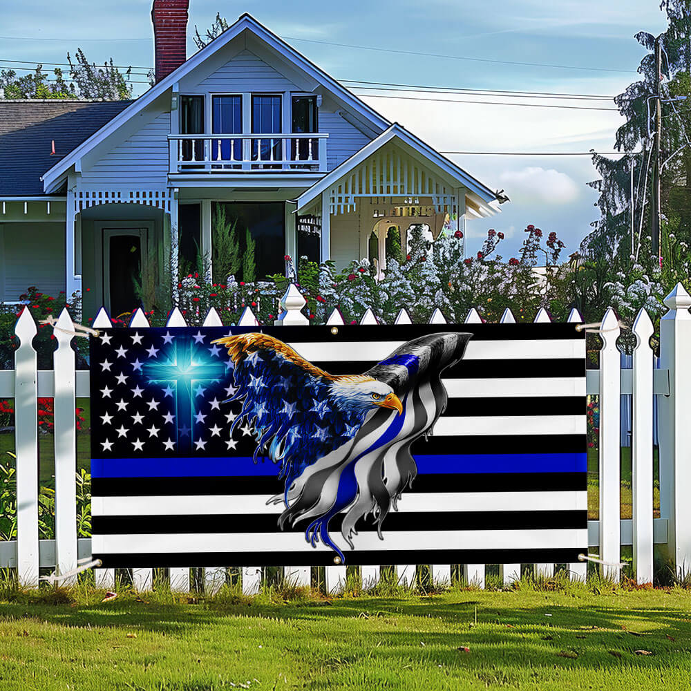 The Thin Blue Line. Police. Law Enforcement American Eagle Fence Banner TPT1631FB