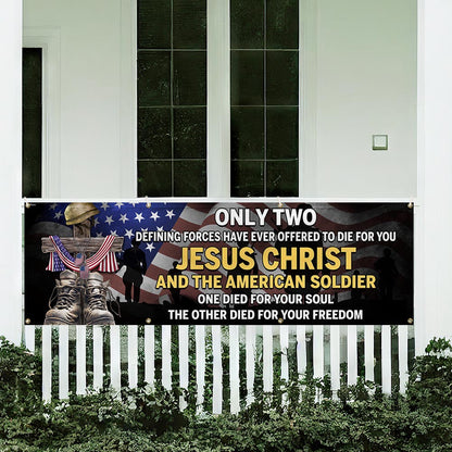 U.S. Veteran Day Jesus Christ And The American Soldier Fence Banner TQN2692FB