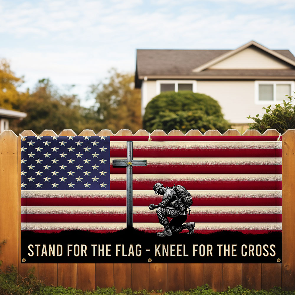 Memorial Day Veteran Kneeling Christ Cross American Fence Banner MLN2609FB