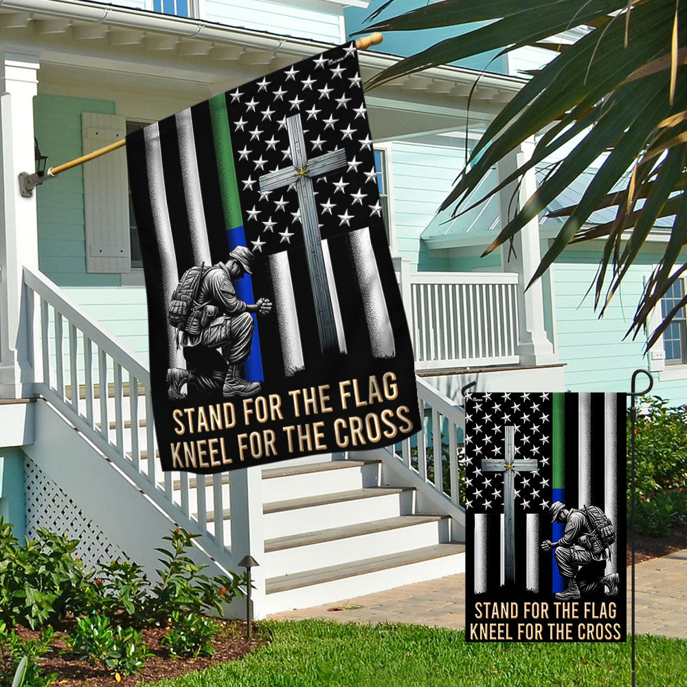 FLAGWIX  Veteran Kneeling Christ Cross Thin Green &amp; Blue Line American Flag MLN2286Fv1