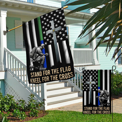 FLAGWIX  Veteran Kneeling Christ Cross Thin Green &amp; Blue Line American Flag MLN2286Fv1