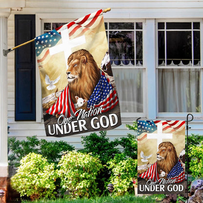One Nation Under God Lion Lamb Christian Cross Flag MLN1374F