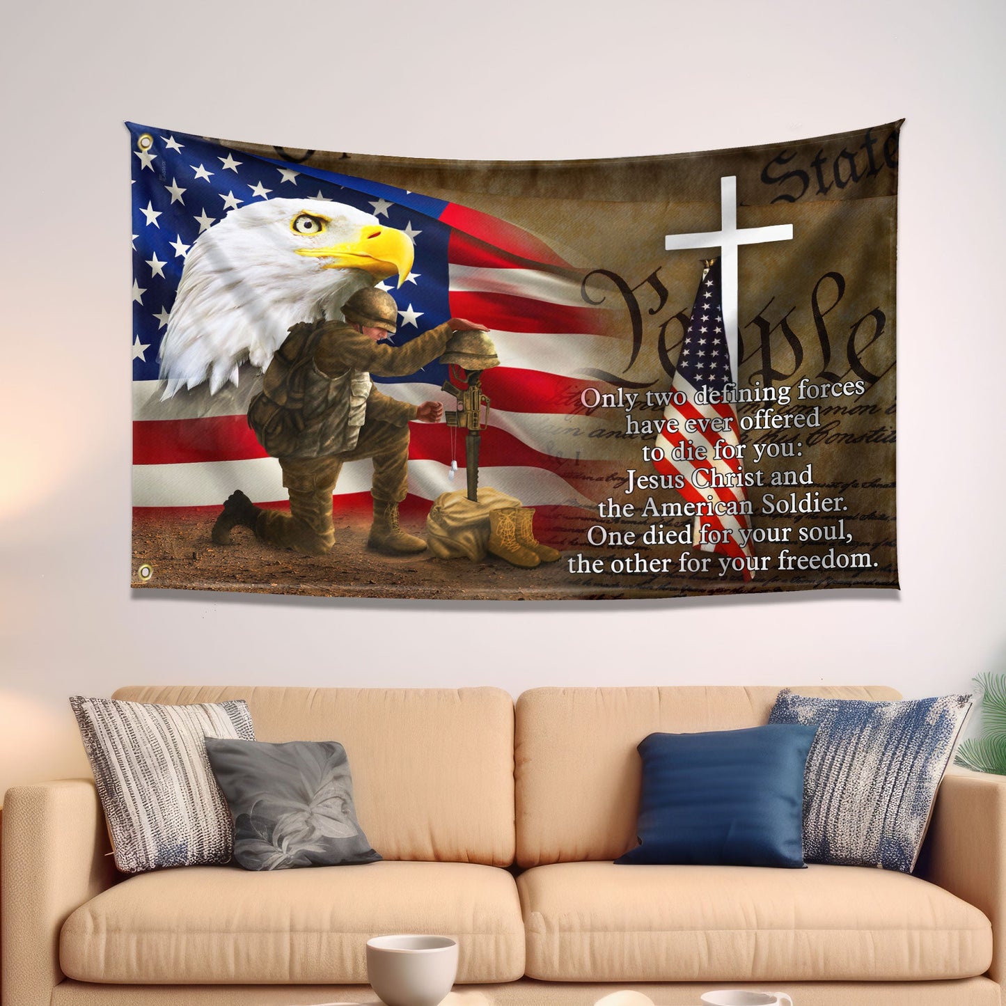 Owe To Jesus Christ And The American Soldier Grommet Flag. Veteran Christ Cross Grommet Flag MLN110GF