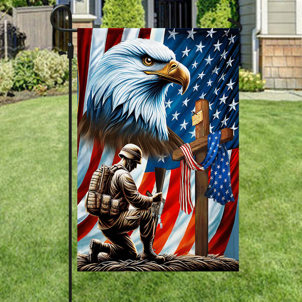 FLAGWIX Patriotic Eagle Veteran Kneeling Soldier Christ Cross Memorial Day American Flag MLN2793F