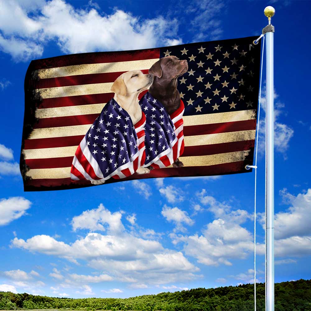 Chocolate Labrador And Yellow Labrador Retrievers Patriotic American Flag Wrapped in Glory TPT1265GF