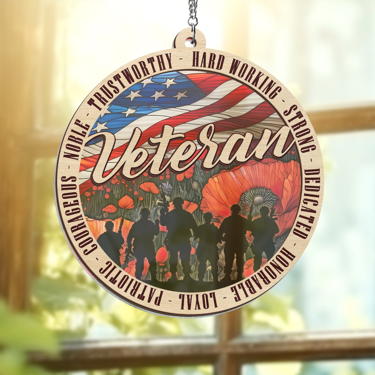 Veterans Memorial Poppy Patriotic American Veteran 2 Layered Hanging Suncatcher TPT2210WH