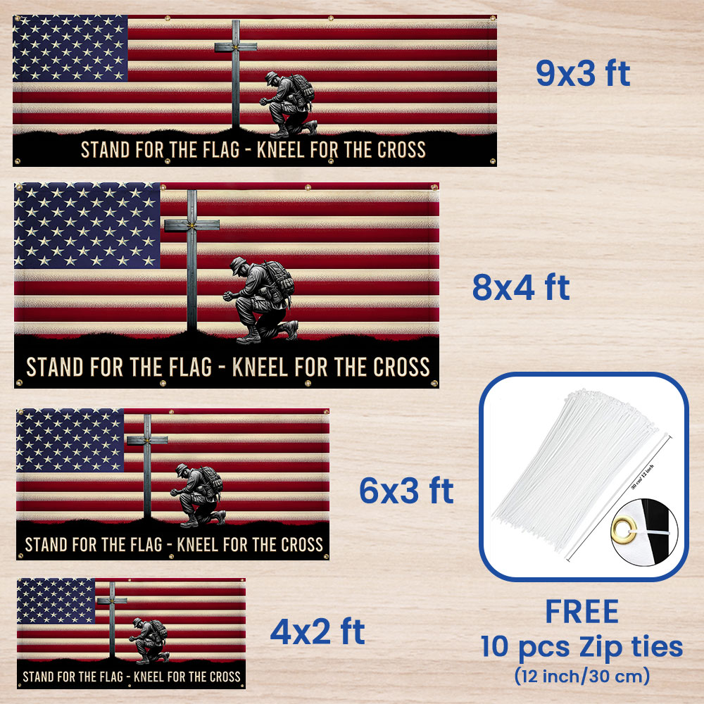 Memorial Day Veteran Kneeling Christ Cross American Fence Banner MLN2609FB