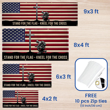 Memorial Day Veteran Kneeling Christ Cross American Fence Banner MLN2609FB