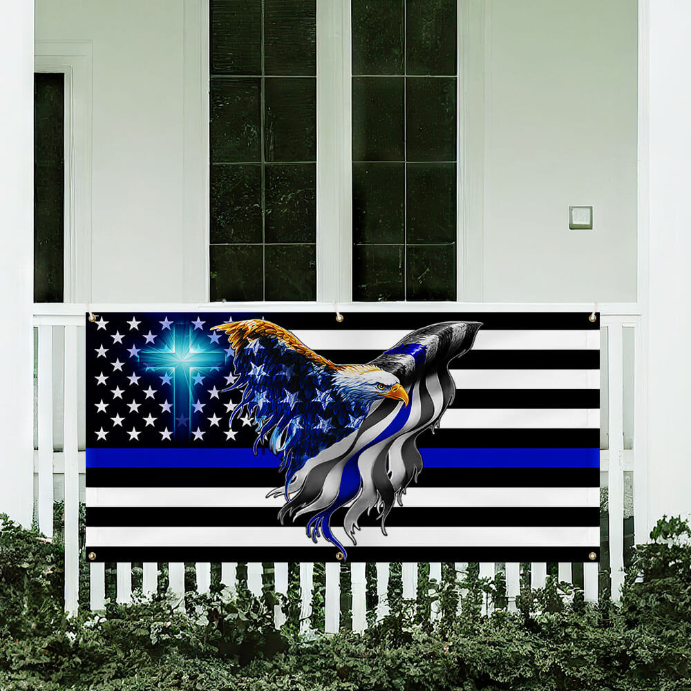 The Thin Blue Line. Police. Law Enforcement American Eagle Fence Banner TPT1631FB