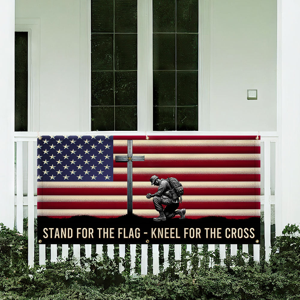 Memorial Day Veteran Kneeling Christ Cross American Fence Banner MLN2609FB