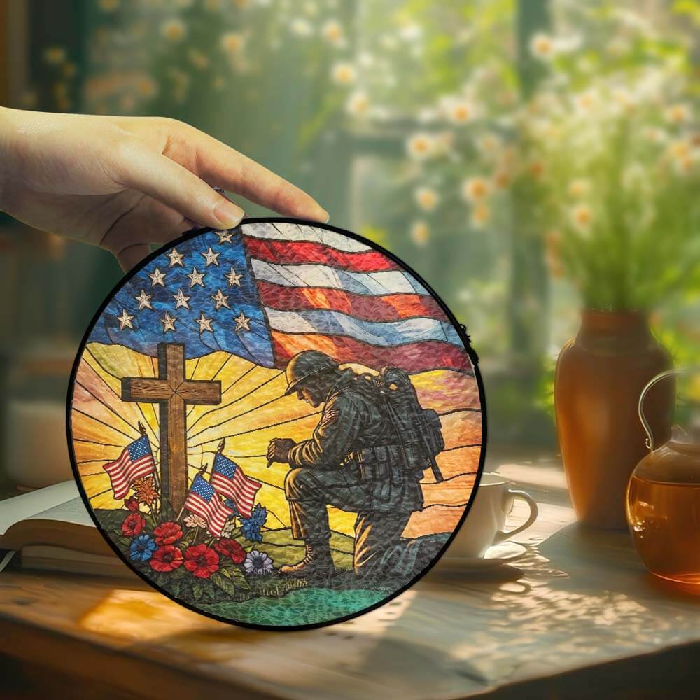 Patriotic Kneeling Soldier Memorial Day Veteran Day Stained Glass Suncatcher TQN5368TNB