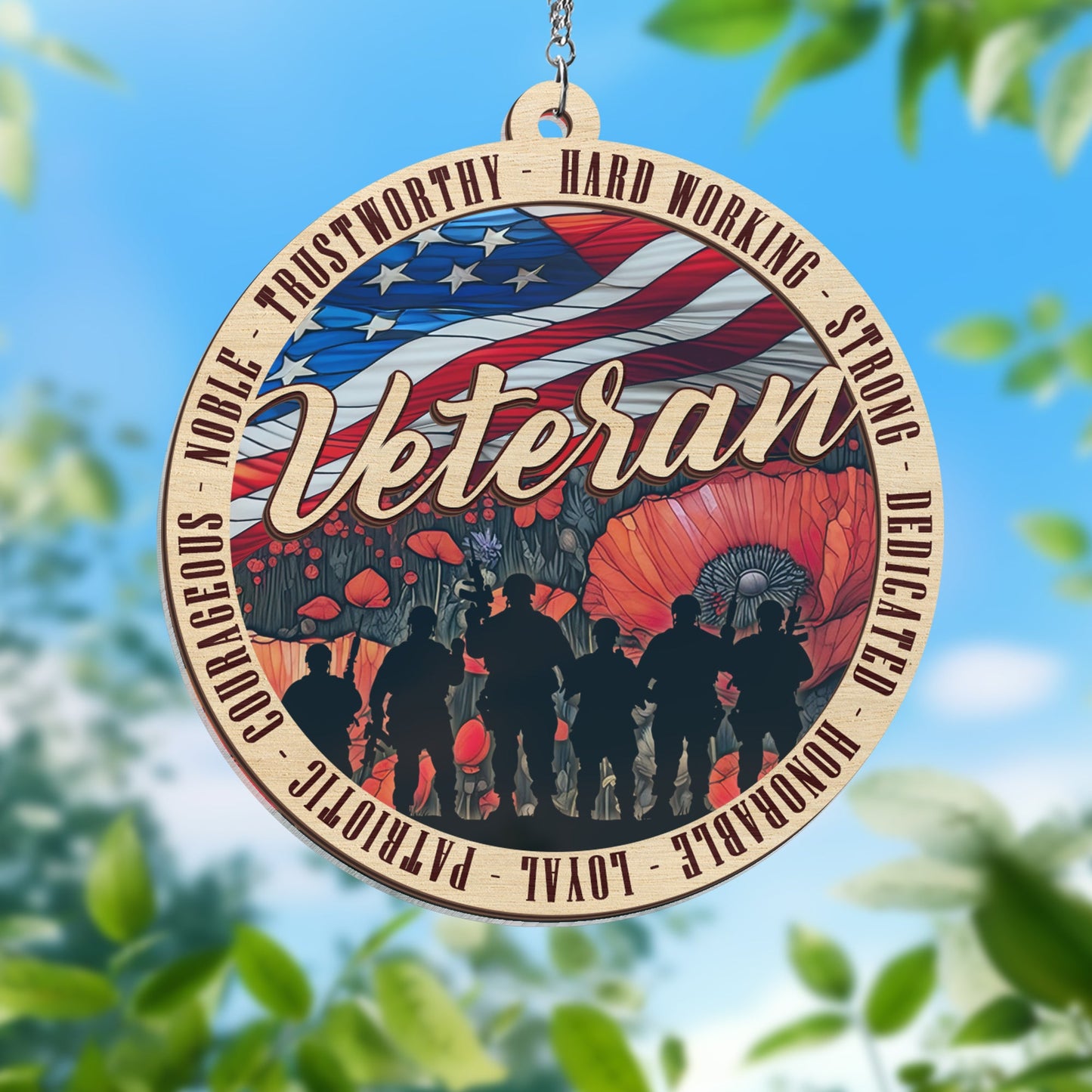 Veterans Memorial Poppy Patriotic American Veteran 2 Layered Hanging Suncatcher TPT2210WH