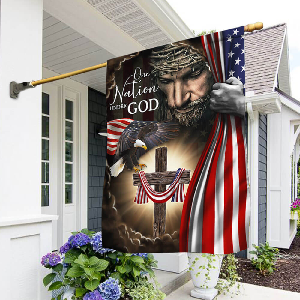 One Nation Under God. Christian Cross American Flag THB3614F
