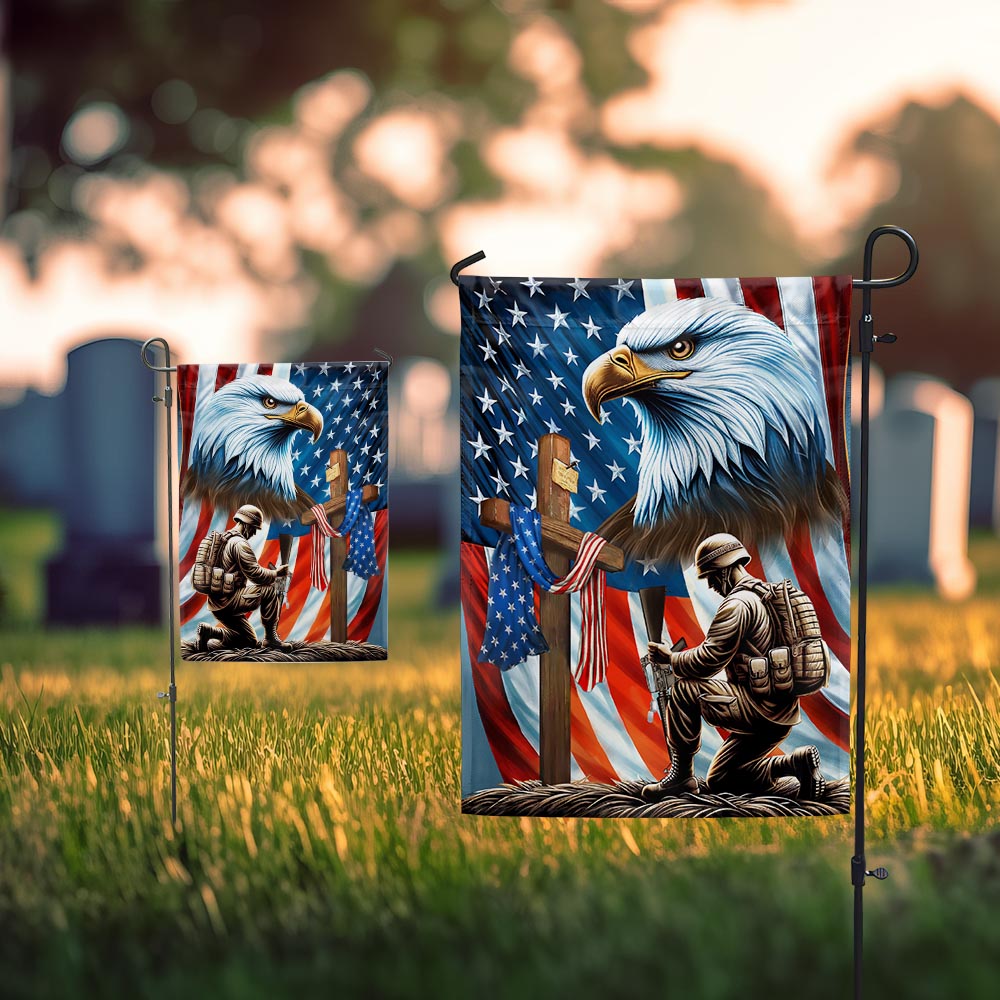 FLAGWIX Patriotic Eagle Veteran Kneeling Soldier Christ Cross Memorial Day American Flag MLN2793F