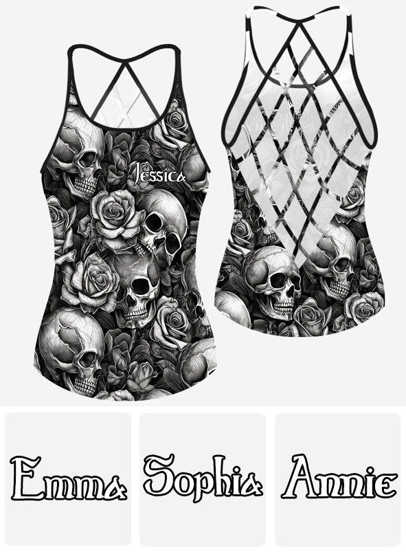 Skull Roses Black And White - Personalized Skull Cross Tank Top