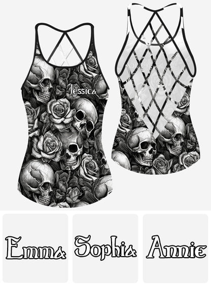 Skull Roses Black And White - Personalized Skull Cross Tank Top